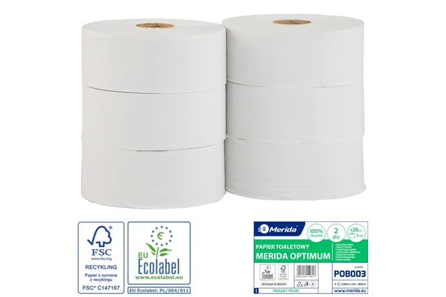 Papier toaletowy MERIDA OPTIMUM, biały, średnica 28 cm, długość 340 m, dwuwarstwowy, zgrzewka 6 szt., ECOLABEL
 Merida POB003