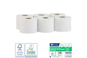 Papier toaletowy MERIDA OPTIMUM CENTER PULL biały, średnica 17cm, długość 120m, dwuwarstwowy, zgrzewka 6 szt. ECOLABEL
 POB702