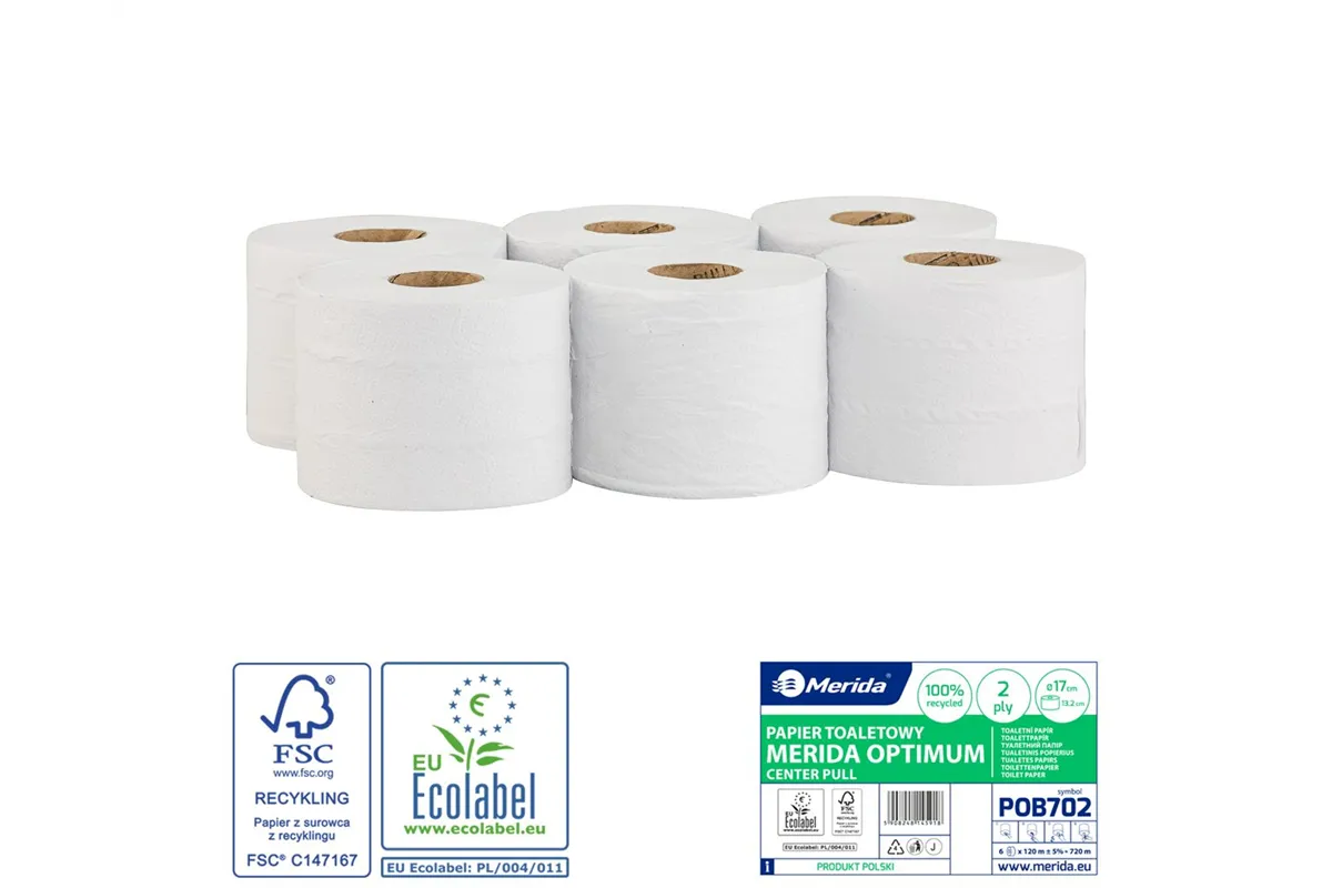 Papier toaletowy MERIDA OPTIMUM CENTER PULL biały, średnica 17cm, długość 120m, dwuwarstwowy, zgrzewka 6 szt. ECOLABEL
 POB702