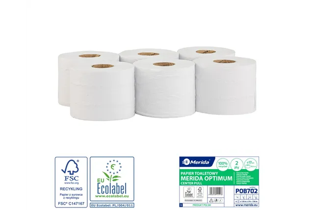 Papier toaletowy MERIDA OPTIMUM CENTER PULL biały, średnica 17cm, długość 120m, dwuwarstwowy, zgrzewka 6 szt. ECOLABEL
 POB702