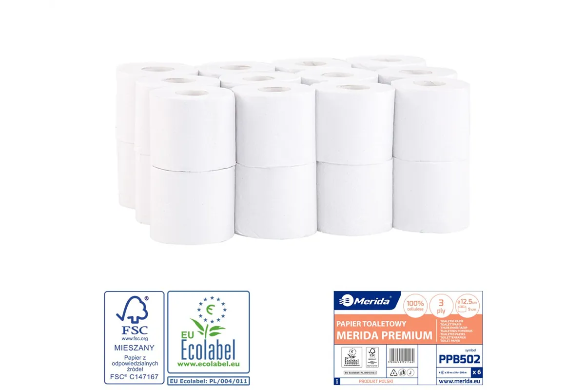Papier toaletowy MERIDA PREMIUM, biały, średnica 12,5 cm, długość 50 m, trzywarstwowy, worek 24 szt., ECOLABEL
 Merida PPB502
