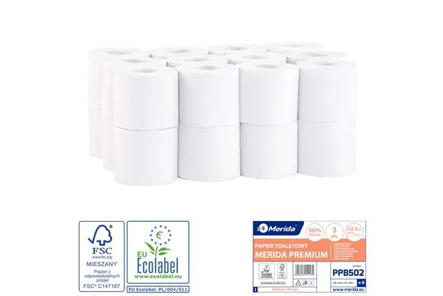 Papier toaletowy MERIDA PREMIUM, biały, średnica 12,5 cm, długość 50 m, trzywarstwowy, worek 24 szt., ECOLABEL
 Merida PPB502