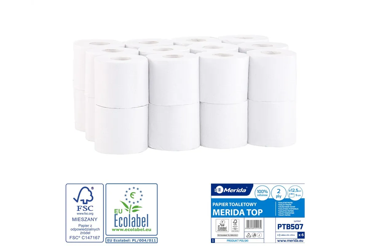 Papier toaletowy MERIDA TOP, biały, średnica 12,5 cm, długość 68 m, dwuwarstwowy, worek 24 szt., ECOLABEL
 Merida PTB507