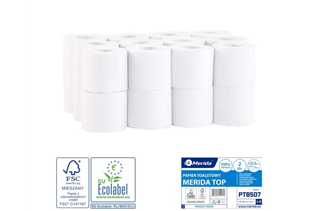 Papier toaletowy MERIDA TOP, biały, średnica 12,5 cm, długość 68 m, dwuwarstwowy, worek 24 szt., ECOLABEL
 Merida PTB507