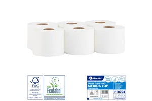 Papier toaletowy MERIDA TOP CENTER PULL, biały, średnica 17 cm, długość 120 m, dwuwarstwowy, zgrzewka 6 szt., ECOLABEL
 PTB703