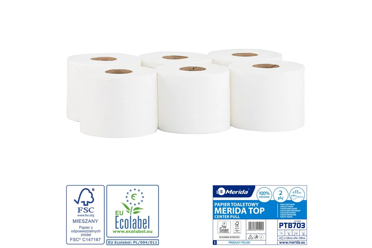 Papier toaletowy MERIDA TOP CENTER PULL, biały, średnica 17 cm, długość 120 m, dwuwarstwowy, zgrzewka 6 szt., ECOLABEL
 PTB703