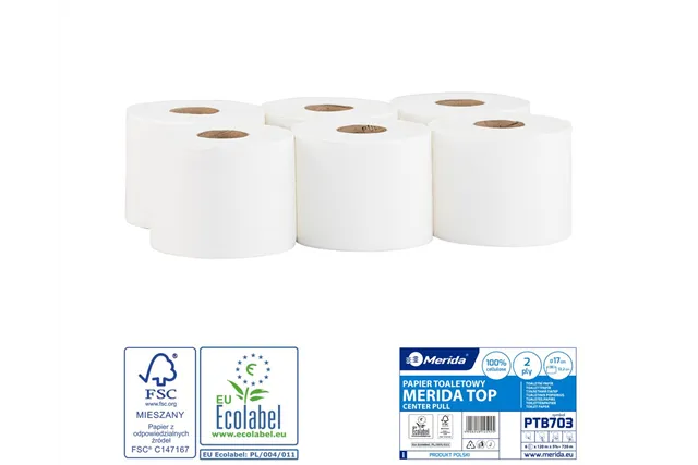 Papier toaletowy MERIDA TOP CENTER PULL, biały, średnica 17 cm, długość 120 m, dwuwarstwowy, zgrzewka 6 szt., ECOLABEL
 PTB703