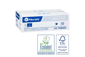 Papier toaletowy w listkach MERIDA CLASSIC, biały, jednowarstwowy, karton 9000 szt., ECOLABEL
 Merida PKB401