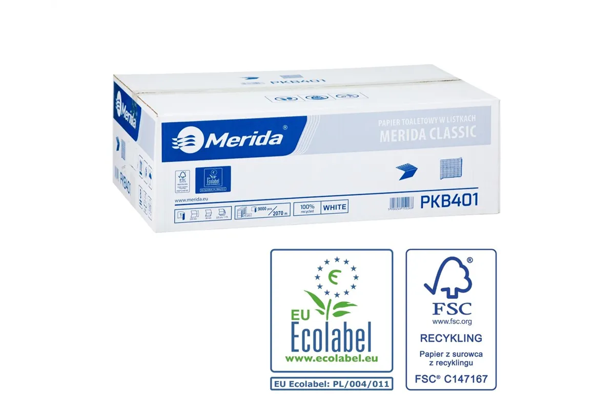 Papier toaletowy w listkach MERIDA CLASSIC, biały, jednowarstwowy, karton 9000 szt., ECOLABEL
 Merida PKB401