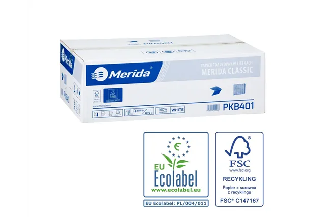 Papier toaletowy w listkach MERIDA CLASSIC, biały, jednowarstwowy, karton 9000 szt., ECOLABEL
 Merida PKB401