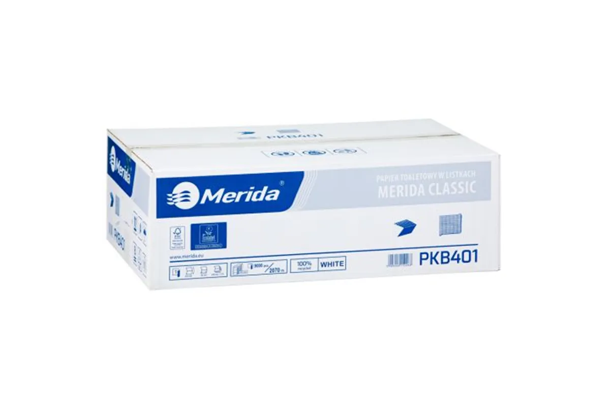 Papier toaletowy w listkach MERIDA CLASSIC, biały, jednowarstwowy, karton 9000 szt., ECOLABEL
 Merida PKB401
