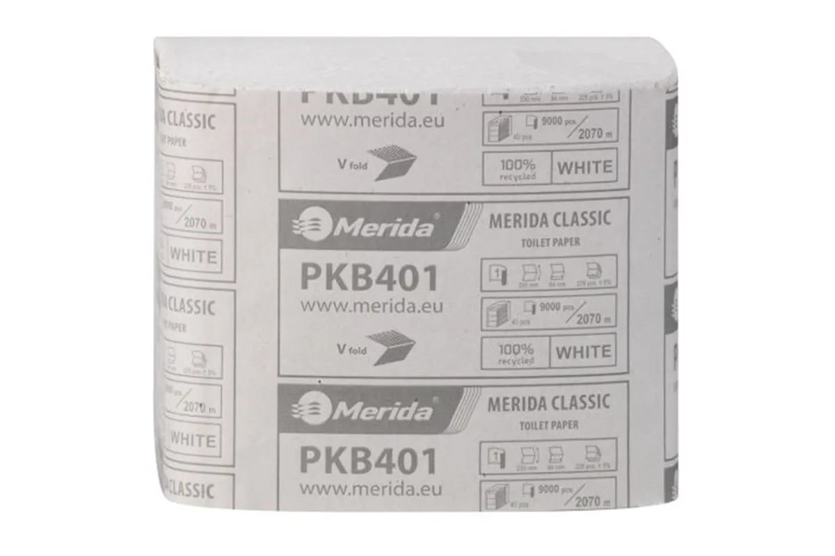Papier toaletowy w listkach MERIDA CLASSIC, biały, jednowarstwowy, karton 9000 szt., ECOLABEL
 Merida PKB401