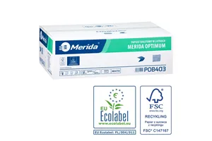 Papier toaletowy w listkach MERIDA OPTIMUM, biały, dwuwarstwowy, karton 9000 szt., ECOLABEL
 Merida POB403