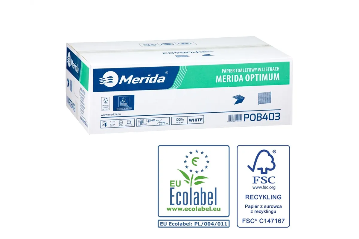 Papier toaletowy w listkach MERIDA OPTIMUM, biały, dwuwarstwowy, karton 9000 szt., ECOLABEL
 Merida POB403