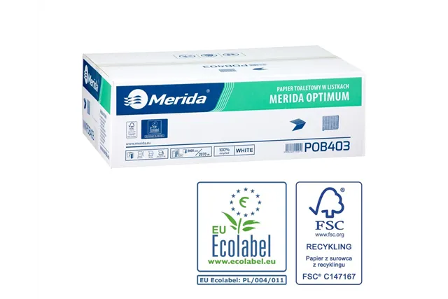 Papier toaletowy w listkach MERIDA OPTIMUM, biały, dwuwarstwowy, karton 9000 szt., ECOLABEL
 Merida POB403