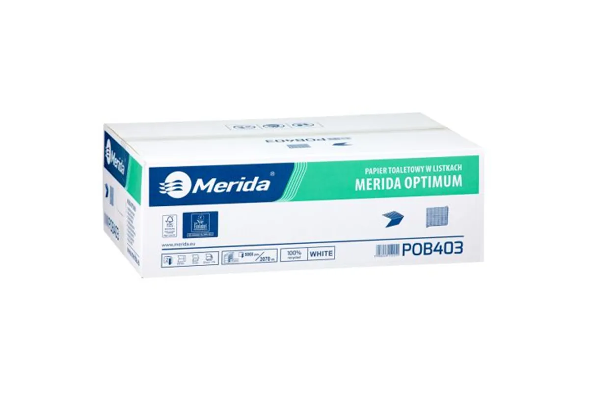 Papier toaletowy w listkach MERIDA OPTIMUM, biały, dwuwarstwowy, karton 9000 szt., ECOLABEL
 Merida POB403