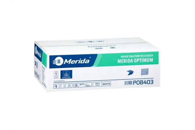 Papier toaletowy w listkach MERIDA OPTIMUM, biały, dwuwarstwowy, karton 9000 szt., ECOLABEL
 Merida POB403