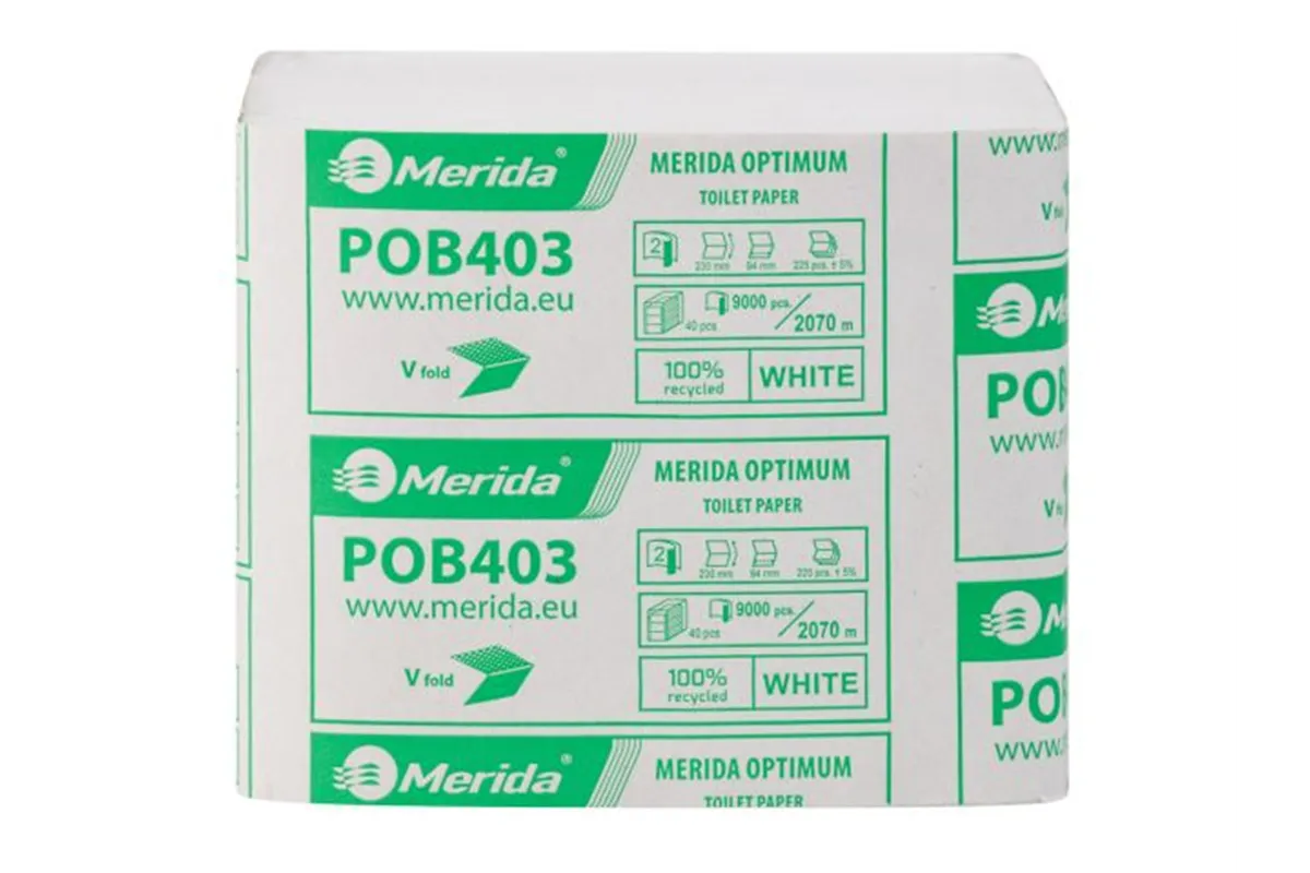 Papier toaletowy w listkach MERIDA OPTIMUM, biały, dwuwarstwowy, karton 9000 szt., ECOLABEL
 Merida POB403