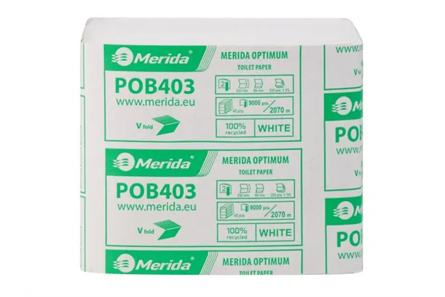 Papier toaletowy w listkach MERIDA OPTIMUM, biały, dwuwarstwowy, karton 9000 szt., ECOLABEL
 Merida POB403