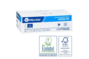 Papier toaletowy w listkach MERIDA TOP, biały, dwuwarstwowy, karton 9000 szt., ECOLABEL
 Merida PTB406