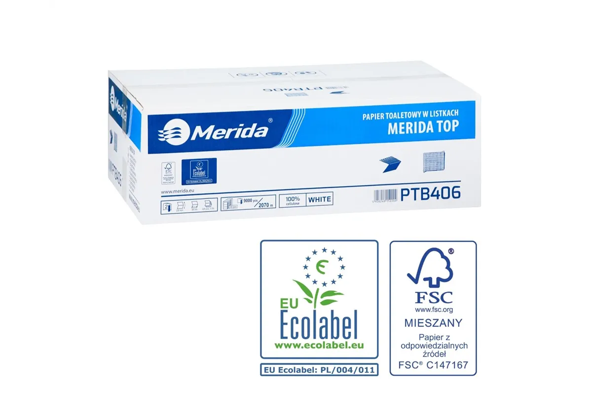 Papier toaletowy w listkach MERIDA TOP, biały, dwuwarstwowy, karton 9000 szt., ECOLABEL
 Merida PTB406