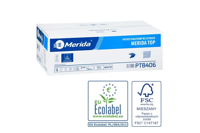 Papier toaletowy w listkach MERIDA TOP, biały, dwuwarstwowy, karton 9000 szt., ECOLABEL
 Merida PTB406