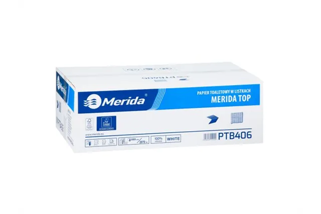 Papier toaletowy w listkach MERIDA TOP, biały, dwuwarstwowy, karton 9000 szt., ECOLABEL
 Merida PTB406