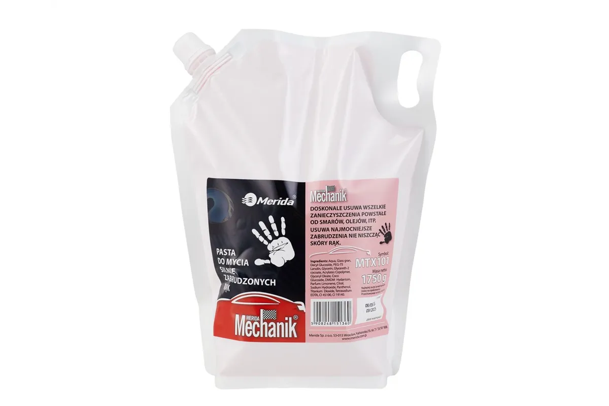 Pasta do mycia silnie zabrudzonych rąk MERIDA MECHANIK, wkład 1750 g do uzupełnienia rubinowej butelki z pompką
 Merida MTX101