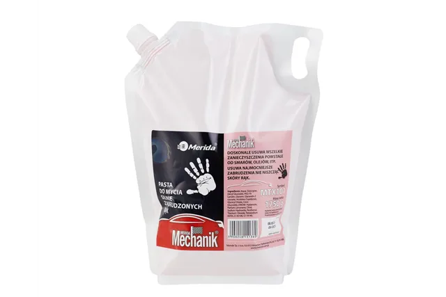 Pasta do mycia silnie zabrudzonych rąk MERIDA MECHANIK, wkład 1750 g do uzupełnienia rubinowej butelki z pompką
 Merida MTX101