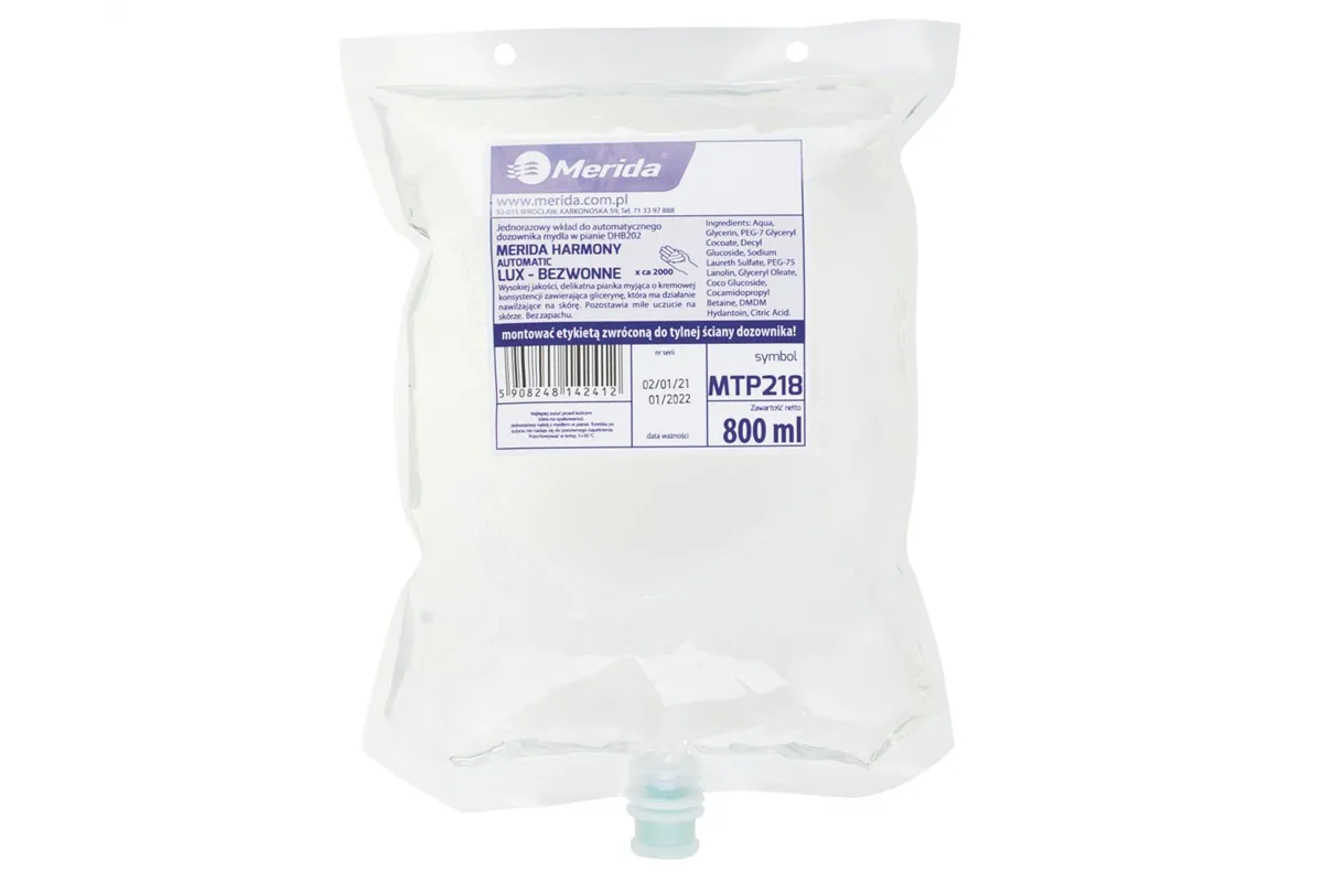 Mydło w pianie MERIDA HARMONY LUX AUTOMATIC BEZWONNE, jednorazowy wkład 800 ml, bez zapachu
 Merida MTP218