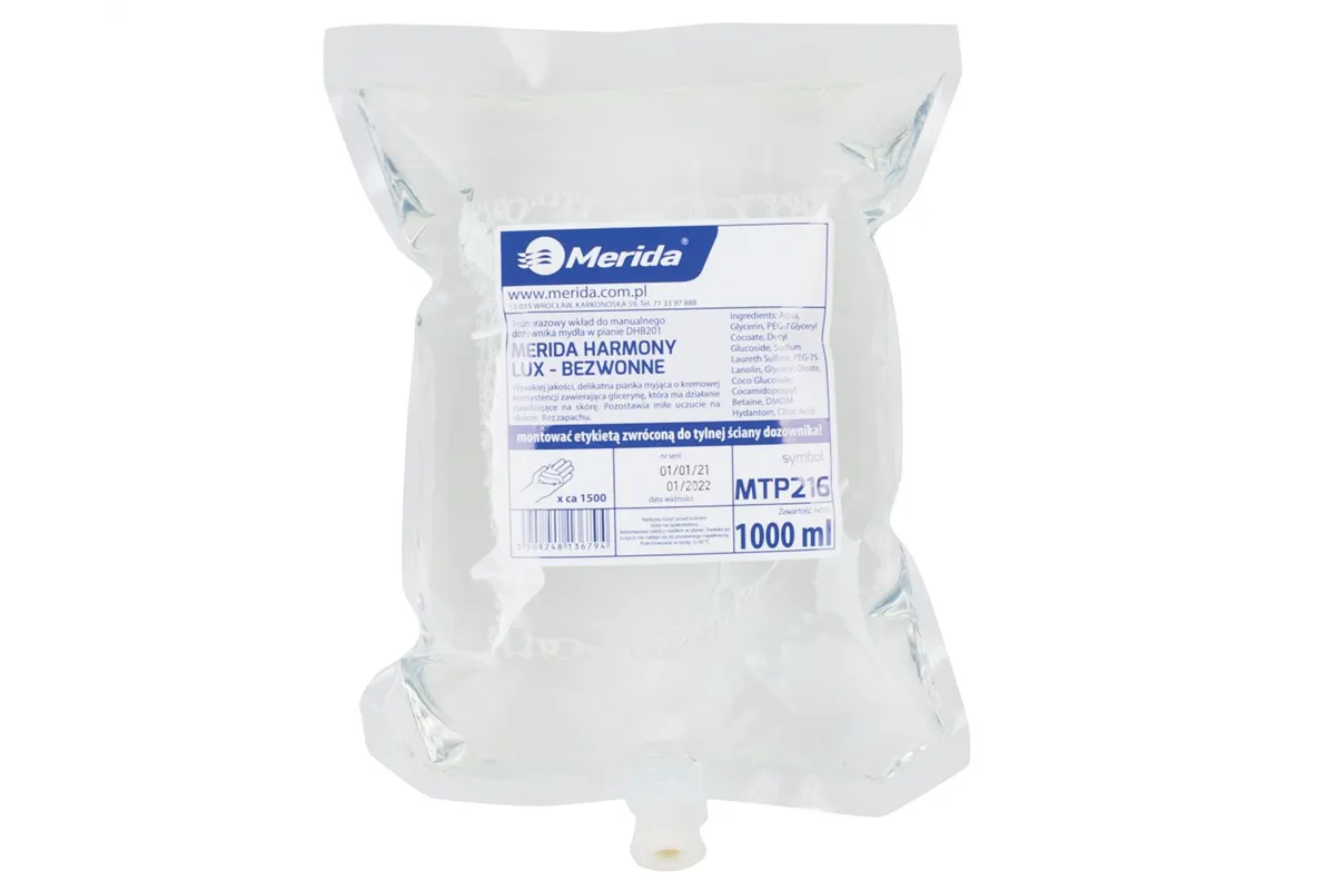 Mydło w pianie MERIDA HARMONY LUX BEZWONNE, jednorazowy wkład 1000 ml, bez zapachu
 Merida MTP216