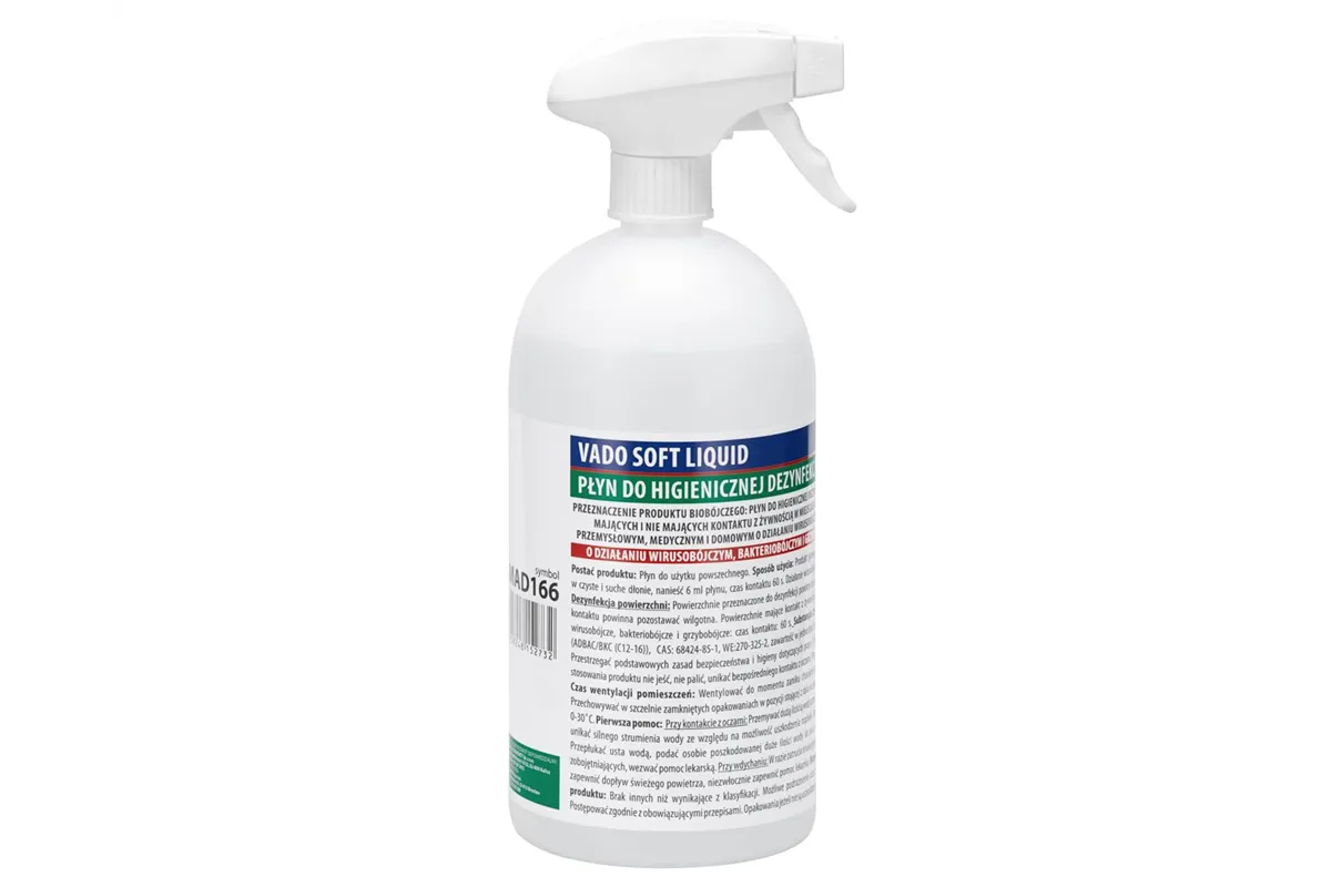 MERIDA VADO SOFT bezalkoholowy płyn do higienicznej dezynfekcji rąk i powierzchni, butelka ze spryskiwaczem 1000 ml
 MAD166