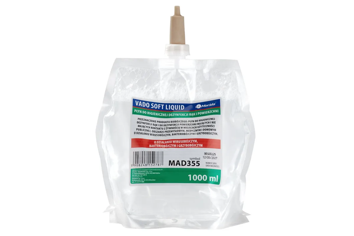 MERIDA VADO SOFT bezalkoholowy płyn do higienicznej dezynfekcji rąk i powierzchni, jednorazowy wkład 1000 ml
 Merida MAD355