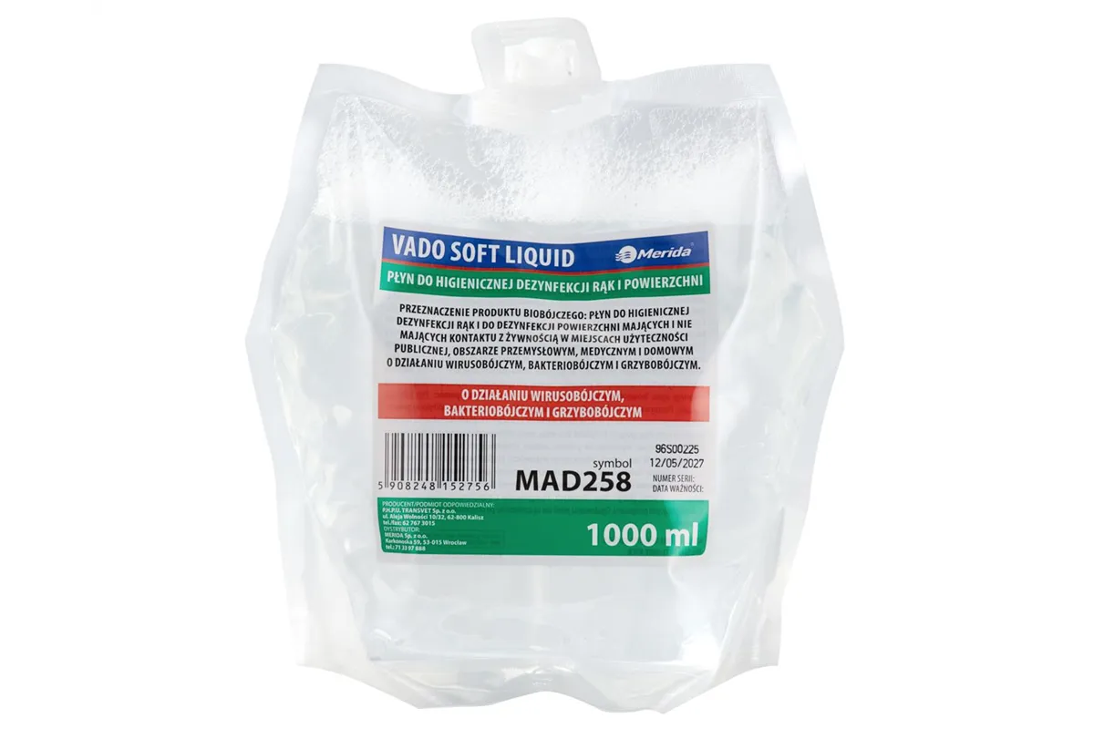 MERIDA VADO SOFT bezalkoholowy płyn do higienicznej dezynfekcji rąk i powierzchni, jednorazowy wkład 1000 ml
 Merida MAD258