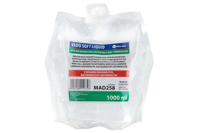 MERIDA VADO SOFT bezalkoholowy płyn do higienicznej dezynfekcji rąk i powierzchni, jednorazowy wkład 1000 ml
 Merida MAD258