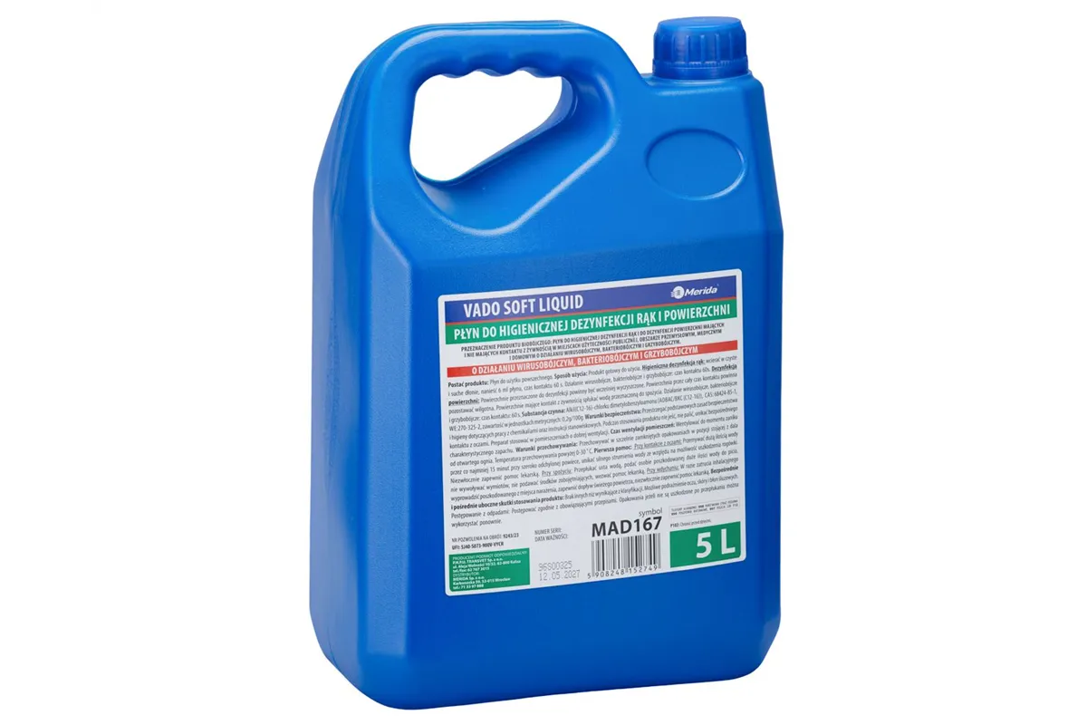 MERIDA VADO SOFT bezalkoholowy płyn do higienicznej dezynfekcji rąk i powierzchni, kanister 5 l
 Merida MAD167