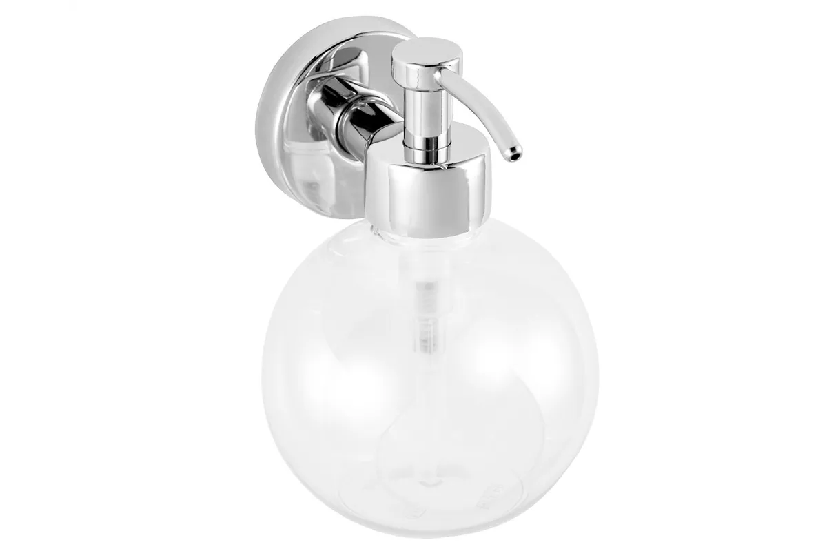 Dozownik mydła w płynie z pojemnikiem w kształcie kuli mocowany do ściany, zbiornik 150ml, chromowany mosiądz
 Merida DLV101