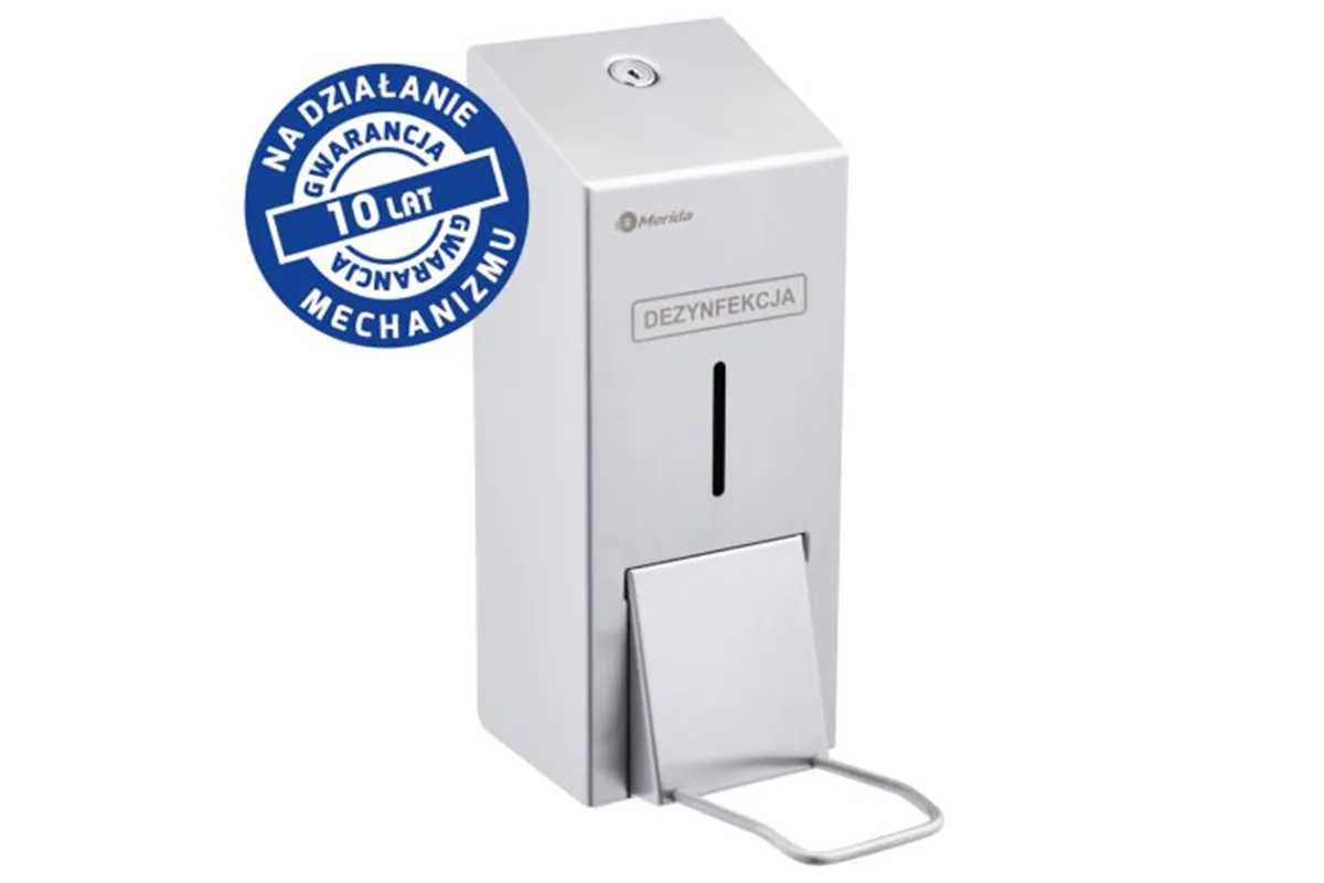 Dozownik płynu dezynfekcyjnego na jednorazowe wkłady 1000 ml z przyciskiem łokciowym MERIDA STELLA, stal matowa
 Merida DSM417