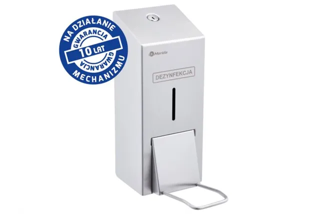 Dozownik płynu dezynfekcyjnego na jednorazowe wkłady 1000 ml z przyciskiem łokciowym MERIDA STELLA, stal matowa
 Merida DSM417