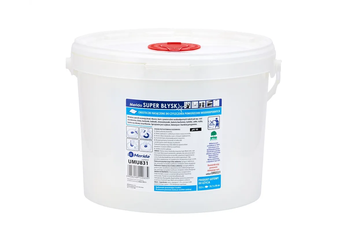 Chusteczki nasączone do powierzchni wodoodpornych MERIDA SUPER BŁYSK, wiadro 10 l, rolka 122,36 m, 322 listki
 UMU831