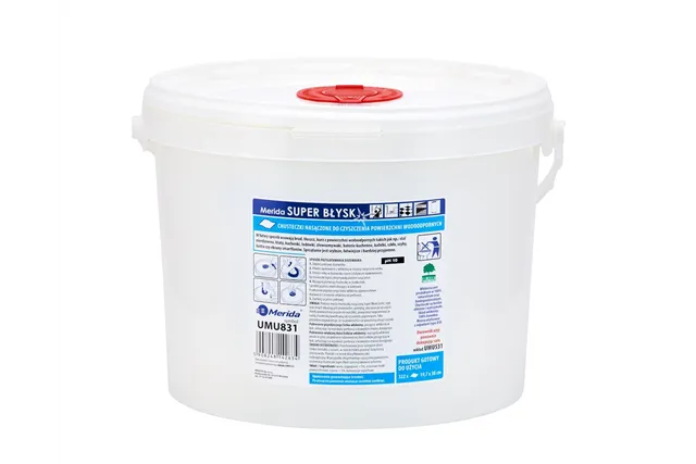 Chusteczki nasączone do powierzchni wodoodpornych MERIDA SUPER BŁYSK, wiadro 10 l, rolka 122,36 m, 322 listki
 UMU831