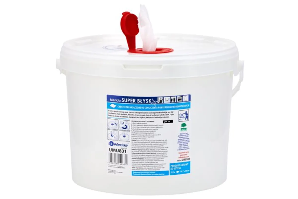 Chusteczki nasączone do powierzchni wodoodpornych MERIDA SUPER BŁYSK, wiadro 10 l, rolka 122,36 m, 322 listki
 UMU831