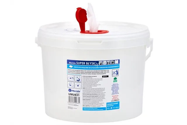 Chusteczki nasączone do powierzchni wodoodpornych MERIDA SUPER BŁYSK, wiadro 10 l, rolka 122,36 m, 322 listki
 UMU831