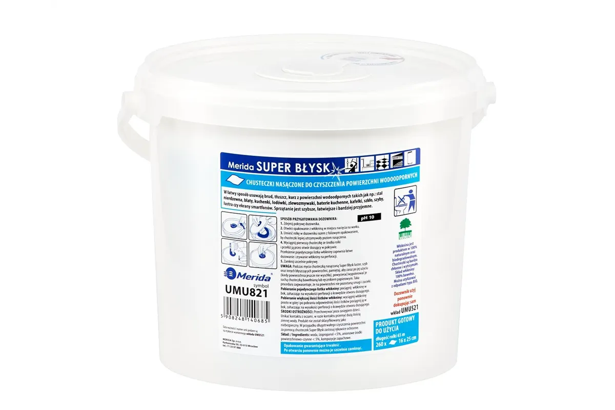 Chusteczki nasączone do czyszczenia powierzchni wodoodpornych MERIDA SUPER BŁYSK, wiadro 6 l, rolka 65 m, 260 listków
 UMU821