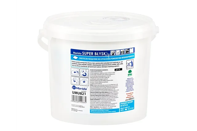Chusteczki nasączone do czyszczenia powierzchni wodoodpornych MERIDA SUPER BŁYSK, wiadro 6 l, rolka 65 m, 260 listków
 UMU821