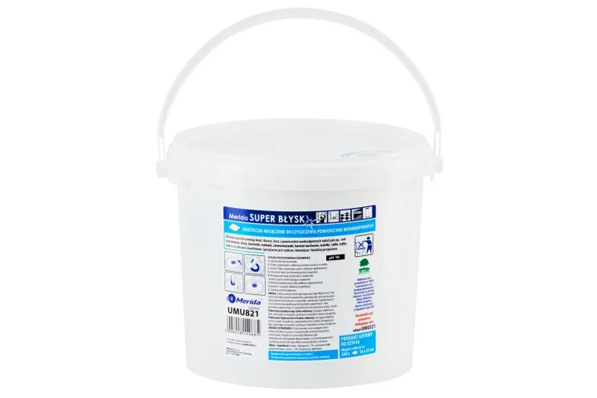 Chusteczki nasączone do czyszczenia powierzchni wodoodpornych MERIDA SUPER BŁYSK, wiadro 6 l, rolka 65 m, 260 listków
 UMU821