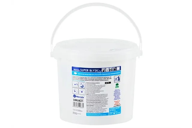 Chusteczki nasączone do czyszczenia powierzchni wodoodpornych MERIDA SUPER BŁYSK, wiadro 6 l, rolka 65 m, 260 listków
 UMU821
