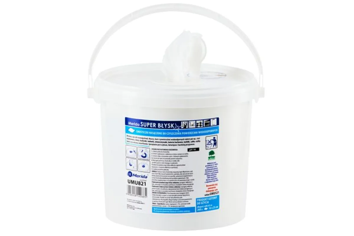 Chusteczki nasączone do czyszczenia powierzchni wodoodpornych MERIDA SUPER BŁYSK, wiadro 6 l, rolka 65 m, 260 listków
 UMU821