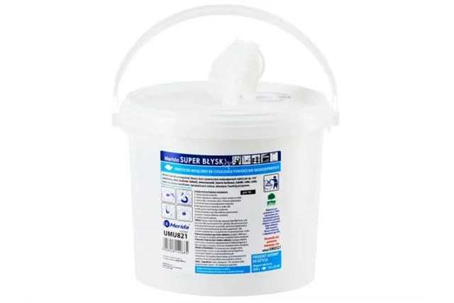 Chusteczki nasączone do czyszczenia powierzchni wodoodpornych MERIDA SUPER BŁYSK, wiadro 6 l, rolka 65 m, 260 listków
 UMU821