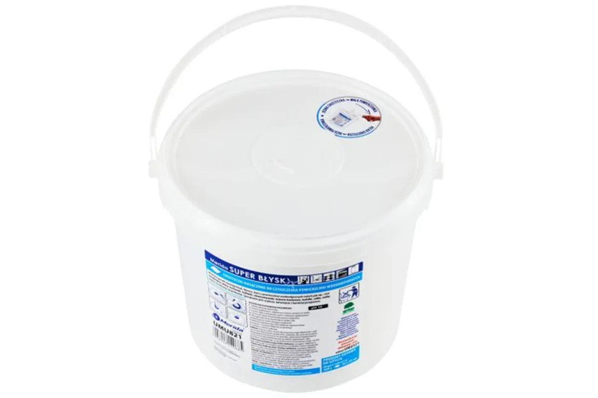 Chusteczki nasączone do czyszczenia powierzchni wodoodpornych MERIDA SUPER BŁYSK, wiadro 6 l, rolka 65 m, 260 listków
 UMU821